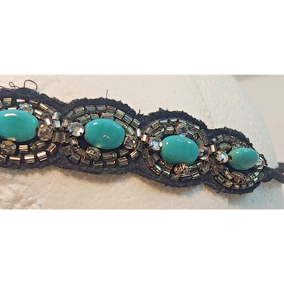 Vintage Rhinestone Turquoise Beaded Applique Headband Stretchy Hair Band OSFM - Picture 7 of 8